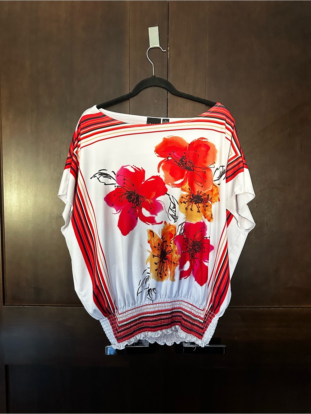 Tribal White Tunic with Red, Pink & Orange Floral Print